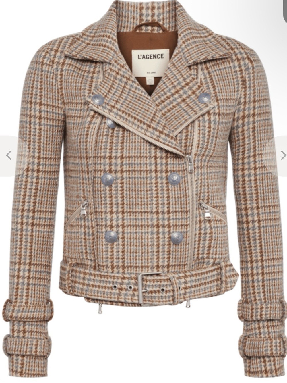 L'AGENCE Billie Plaid Wool Biker Jacket in Camel XS NWOT